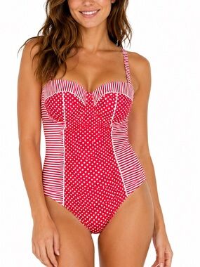 Nip Tuck Swim Red Polka Dot & Stripe One Piece Swimsuit D/DD Size 12